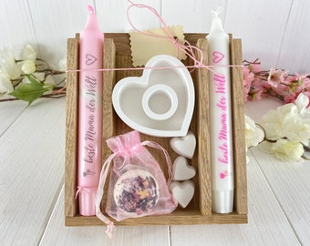 Muttertag beste Mama Geschenk Badepraline Kerzen Set in Holzbox aus Eiche Handmade