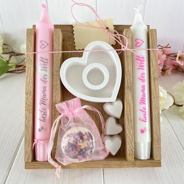 Muttertag beste Mama Geschenk Badepraline Kerzen Set in Holzbox aus Eiche Handmade