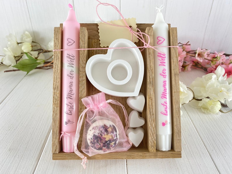 Muttertag beste Mama Geschenk Badepraline Kerzen Set in Holzbox aus Eiche Handmade Bild 1