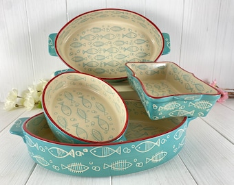 Casserole dish, cake tin, baking dish, quiche dish, oven dish, turquoise blue fish