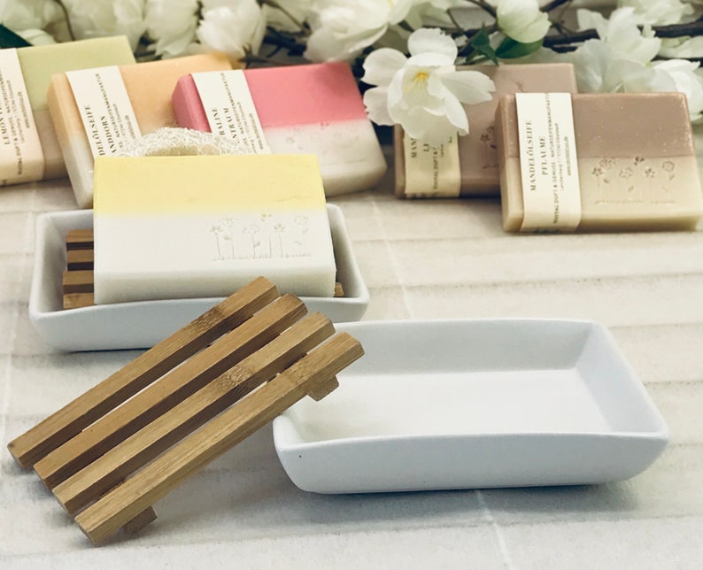 Ceramic soap dish with bamboo draining rack image 4