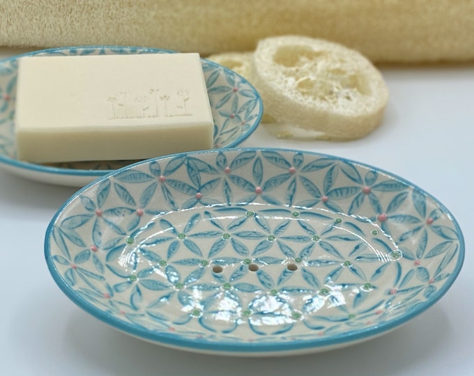 Soap dish ceramic oval Hand stamped Almond Oil Soap Lemon Shower Soap 100g vegan