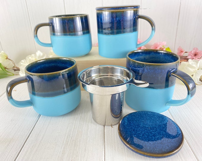 Tea cup with strainer coffee cup turquoise blue