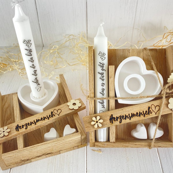Set regalo candela con cuore con portacandela in confezione di legno etichettata sapone luffa Raysin