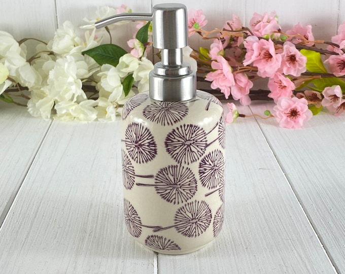 Soap dispenser dandelion hand-stamped ceramic