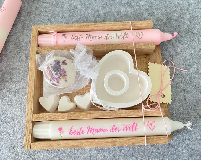 Muttertag beste Mama Geschenk Badepraline Kerzen Set in Holzbox aus Eiche Handmade