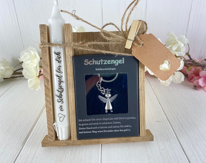 Guardian Angel Keyring Gift Candle Set in Wooden Box Made of Oak Handmade