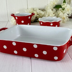 Red baking dish with white dots