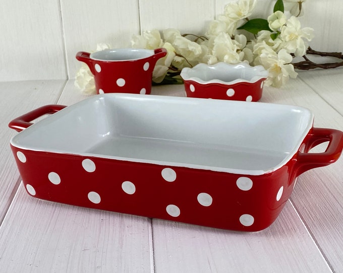 Red baking dish with white dots