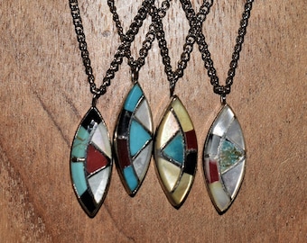 Vintage Inlaid Multistone Sterling Silver Necklaces