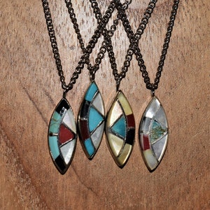 Vintage Intarsien Multistone Sterling Silber Halsketten