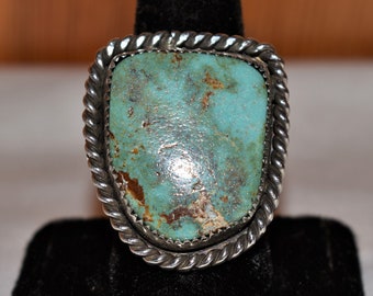 Handmade Navajo Silver and Hachita Turquoise Ring/Made by Fannie Chavez-Platero/Size 8