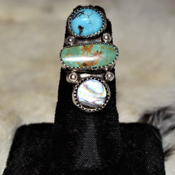 RESERVEDHandmade Navajo Multistone Turquoise and Abalone Ring/Size 5 1/4/By Fannie Chavez-PlateroRESERVED