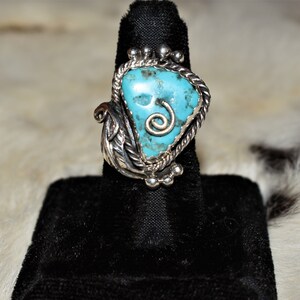 Handmade Navajo Natural Turquoise and Etched Sterling Silver Ring/Size 7 3/4 or 8