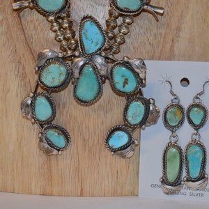 Authentic Navajo Sterling Silver Squash Blossom Set with Genuine Hachita and Morenci Turquoise with Matching Earrings