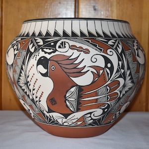 Große handbemalte Fine Line Keramik Acoma Olla/Hergestellt von Roberta Trujillo