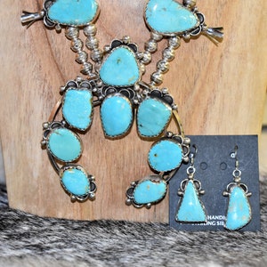 Authentic Navajo Blue Hachita Squash Blossom Set with Matching Earrings/Made by Fannie Chavez-Platero