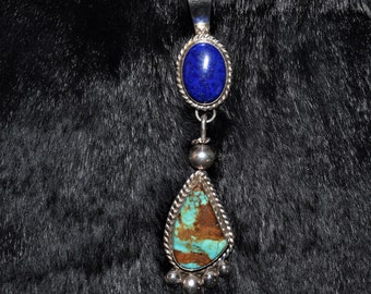 Vintage Royston Turquoise and Lapis Sterling Silver Pendant/Made by Denna Platero