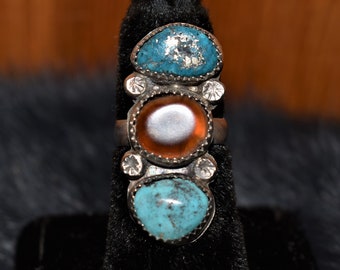 Handmade Navajo Multistone Turquoise and Fire Agate Ring/Size 6 3/4/By Fannie Chavez-Platero