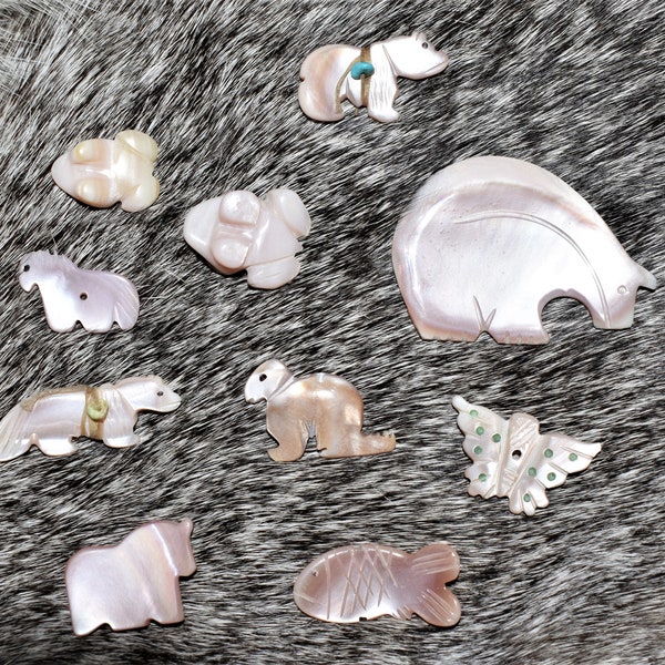 Lot of 10 Pink Mother of Pearl Navajo Hand Carved Fetish Animals for Charms, Necklaces and Pendants