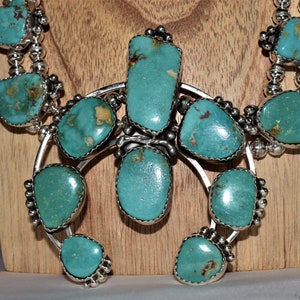 Authentic Navajo Sterling Silver Squash Blossom Jewelry Set with Genuine Webbed Hachita Turquoise and Matching Earrings