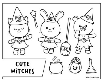 Cute animals using witches costumes and celebrating Halloween clip art and digital stamp set for scrapbooking and card making.