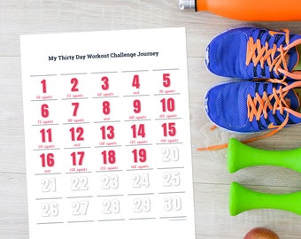 30 Day Workout Challenge Printable Exercise Tracker, Track Any 30 Day Fitness Challenge, Burpee Plank Squat Ab Pushup Running or Cardio