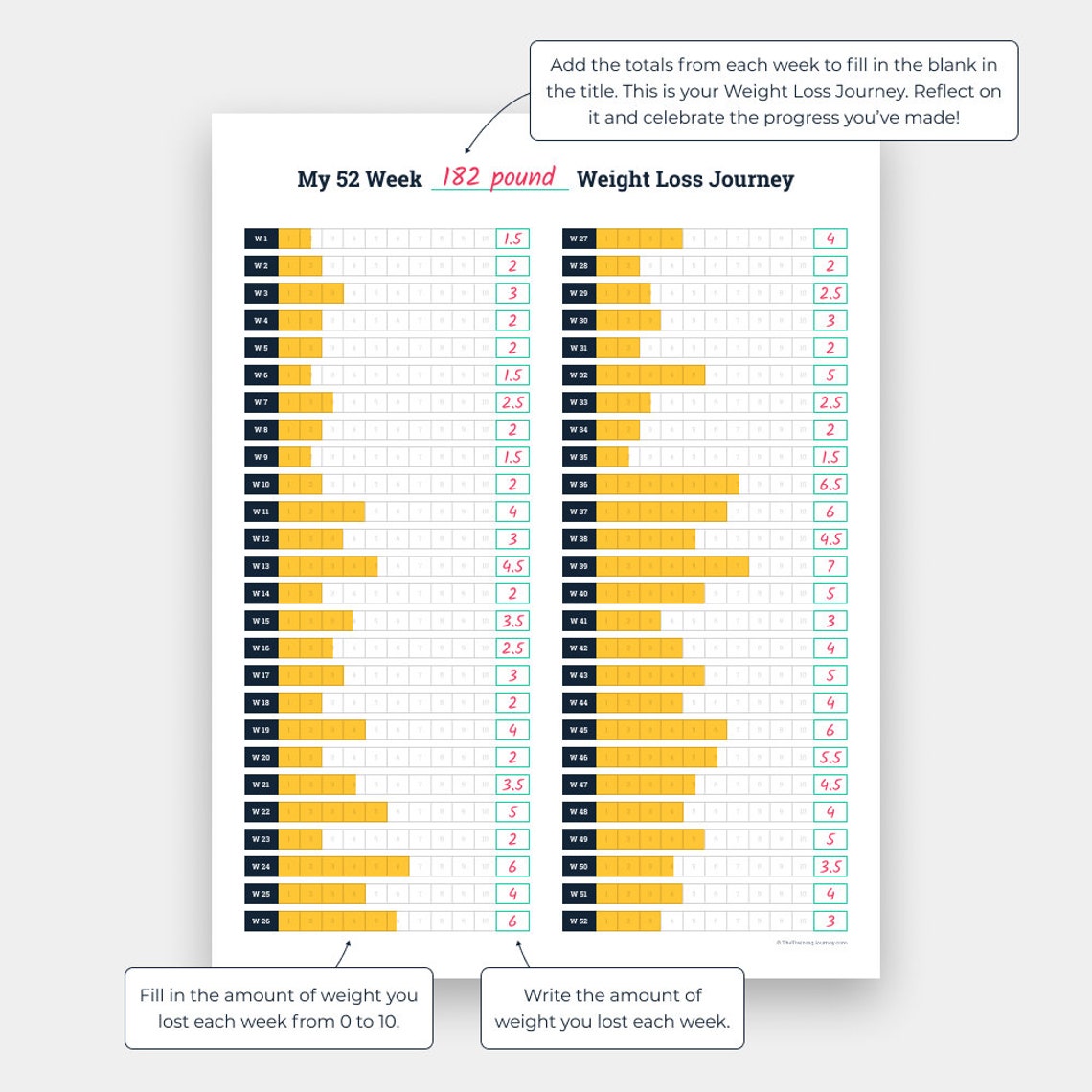 52 Week 10 Pound Weight Loss Tracker Printable, 12 Month Weight Loss