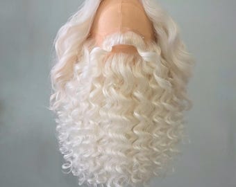 Realistic Santa Claus Lace Front Wig Beard Set White Curly Costume Mustache
