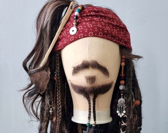 Set of fake beard, mustache and wig with all accessories for Jack Sparrow