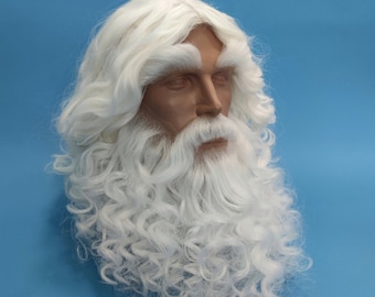 May include: White curly wig with a long beard and moustache. The wig is made of synthetic hair and is designed to look like a Father Christmas beard.