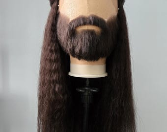 Set of wig, short fake beard and mustache in dark brown color