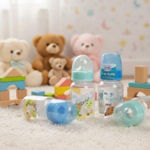 Realistic faux baby bottles and pacifiers for dolls