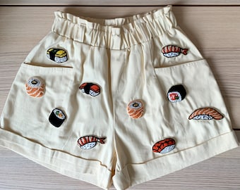 Hand Embroidered Sushi Shorts, Women's Size M