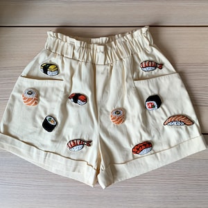 Hand Embroidered Sushi Shorts, Customized Shorts, Custom Shorts, Handmade Shorts, Patched Shorts, Gift for Her, Unique Gift, Women Shorts