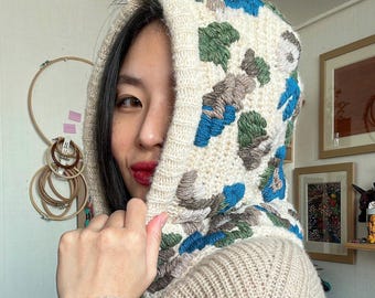 Handmade Wool Embroidery Hooded Scarf, Unique Neckwarmer