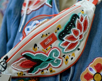 Hand Embroidered Nike Fanny Pack, Lotus Flower Beaded Crossbody Bag