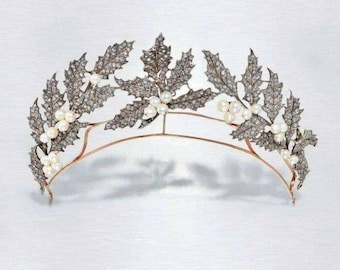 Wedding Tiara Leaf Crown with Natural Diamonds, 925 Sterling Silver Wedding special