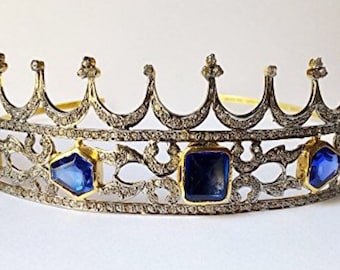 Silver, Rose Cut Diamond & Blue sapphire Tiara Crown