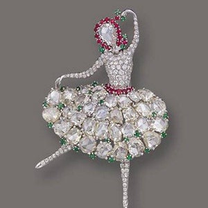 Dancing Doll Brooch with Natural Victorian Rose cut diamonds, Emerald & Ruby Sterling Silver 925