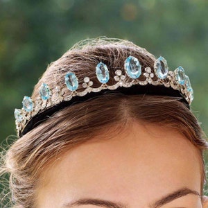 Wedding Tiara Crown with American Diamonds Aquamarine, Sterling Silver  925