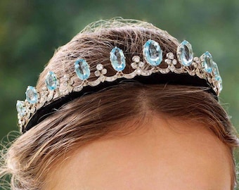 Wedding Tiara Crown with American Diamonds Aquamarine, Sterling Silver  925