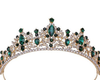 925 Sterling Silver, American Diamond & Emerald Weddings Tiara Crown