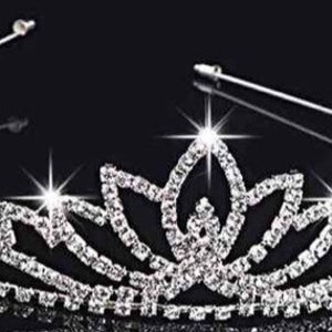 May include: A silver tiara with a floral design and clear rhinestones. The tiara is made of metal and has a flexible headband.