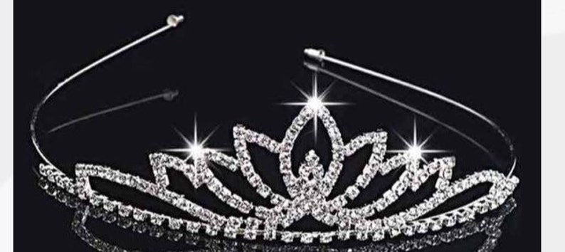 May include: A silver tiara with a floral design and clear rhinestones. The tiara is made of metal and has a flexible headband.
