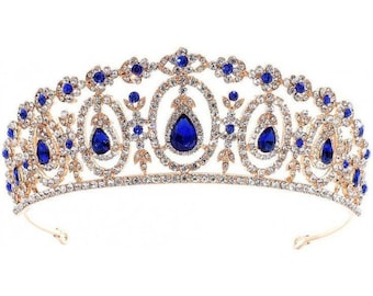 925 Sterling Silver, American Diamond & Blue sapphire Weddings Tiara Crown