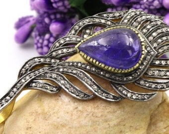 925 Sterling Silver, Peacock Feather Brooch with blue Sapphire and Rose cut Diamonds. (Anniversary Special).