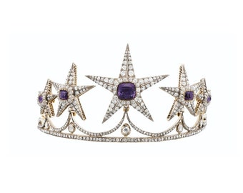 Star Tiara Crown with Natural Diamonds, 925 Sterling Silver Wedding Special.