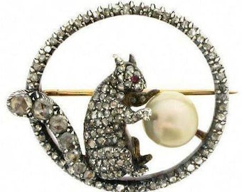 Squirrel Brooch with Natural Diamonds, 925 Sterling Silver