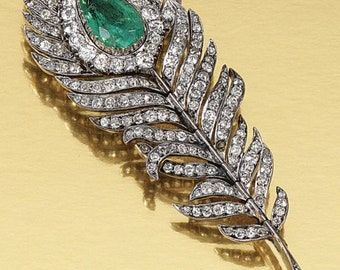 Vintage Reproduction Feather Brooch with Natural Victorian Diamond, 925 Sterling Silver, Christmas Special Brooch